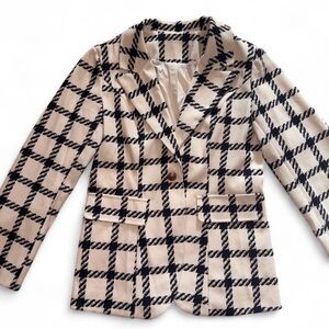 Cream and Navy Blue Plaid Women's Blazer, Workwear, Gold Buttons